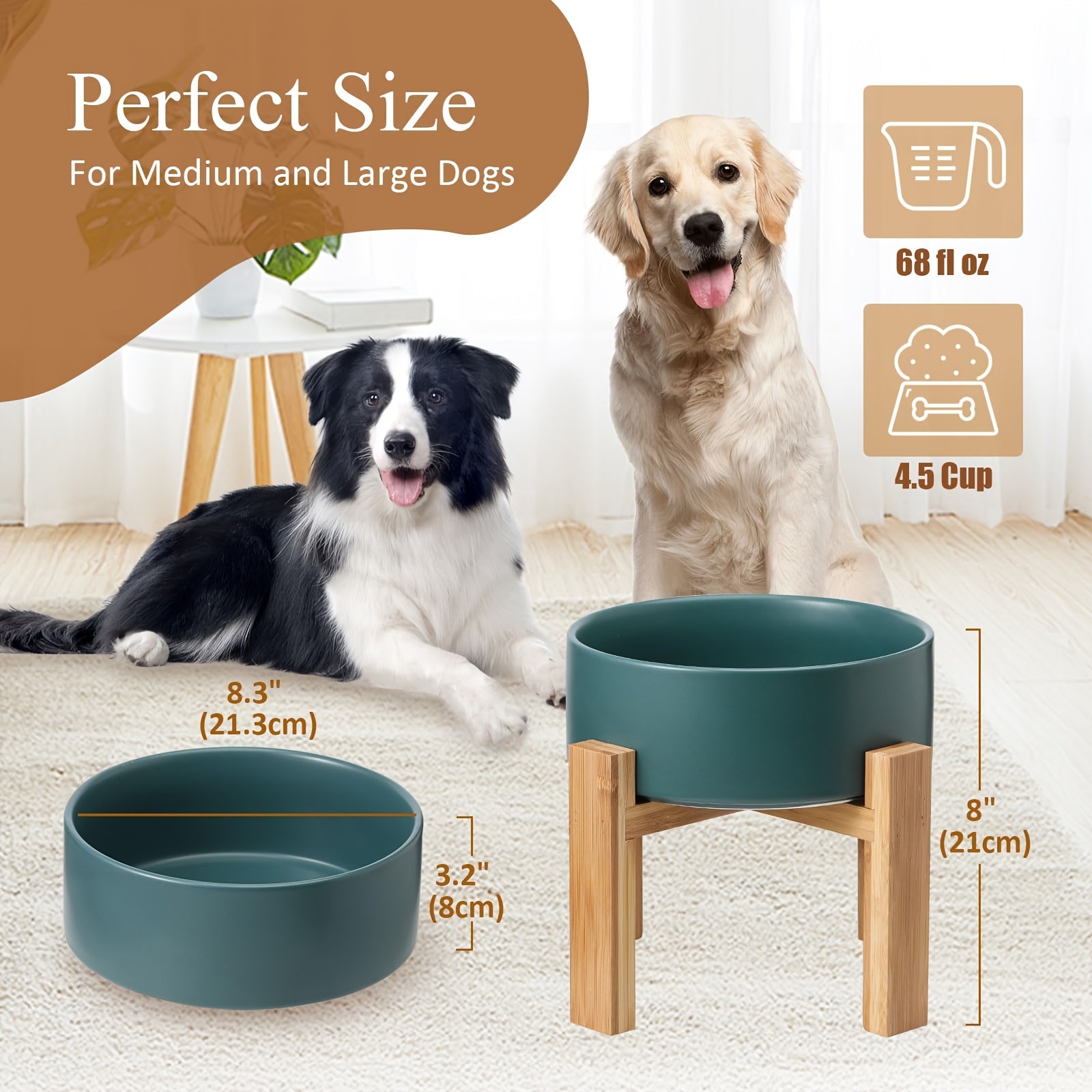 AHX Elevated Ceramic Dog Bowl with Bamboo Stand - Heavy-Duty Raised Dog Dish, No-Tip Design, 8, 4\