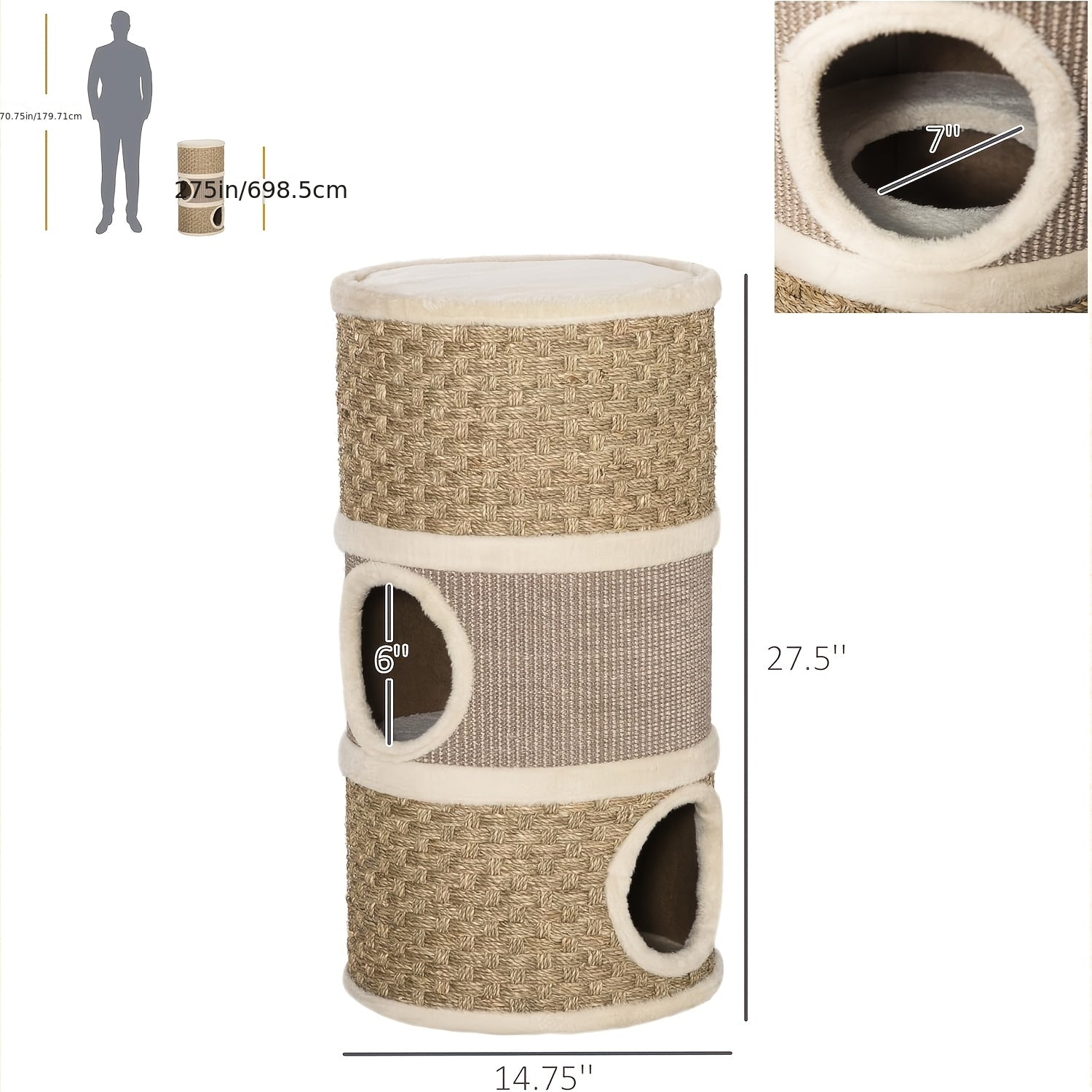 28- Inch Tree Hole Style Cat Condo - Cat Furniture, 3 Story Sisal Scratching Pad Cat Bed\u002FHideaway, Cat Tree House, Cat Hideaway, Compact Barrel- Shaped Indoor Cat Tree, Scratch- Resistant Design, Festive Pet Furniture For Indoor Cats, Brown