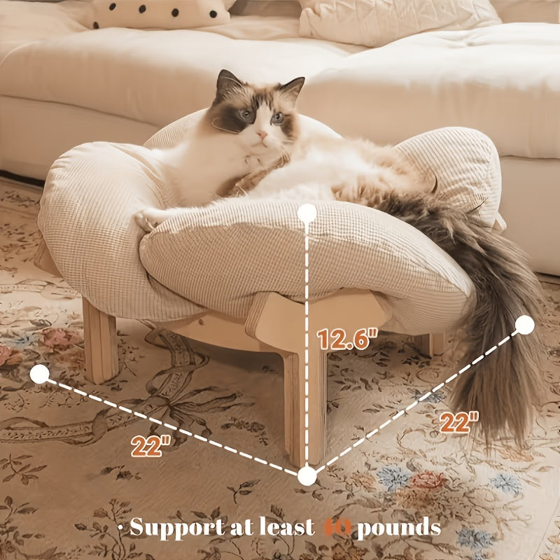 With Soft Cushion Three-Color Wooden High Leg for cat Bed - Comfortable Pet Sofa, Ideal for Cats and Small Dogs, Includes Hardware Tools, Solid Wood Frame with Soft Cushion, Durable and Stylish.