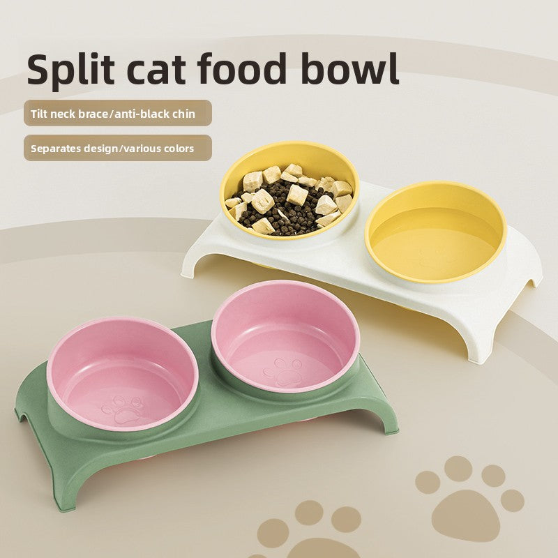 Cat and Dog Feeding Bowl with Anti-collision Neck Protection, Featuring a Dual-bowl Design to Separate Food and Water, and a Raised Stand with Cervical Support