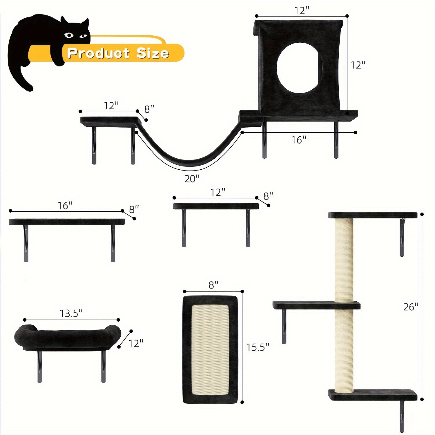 7pcs Wall Cat Shelf, 6pcs Deluxe Wall Mounted Cat Climbing Shelf Set, Indoor Cat Furniture, Includes 1 Cat Condo, 2 Cat Wall Shelves, 1 Cat Scratching Post, 1 Cat Bridge Ladder, Cat Tunnel, Suitable For Cats Of All Sizes