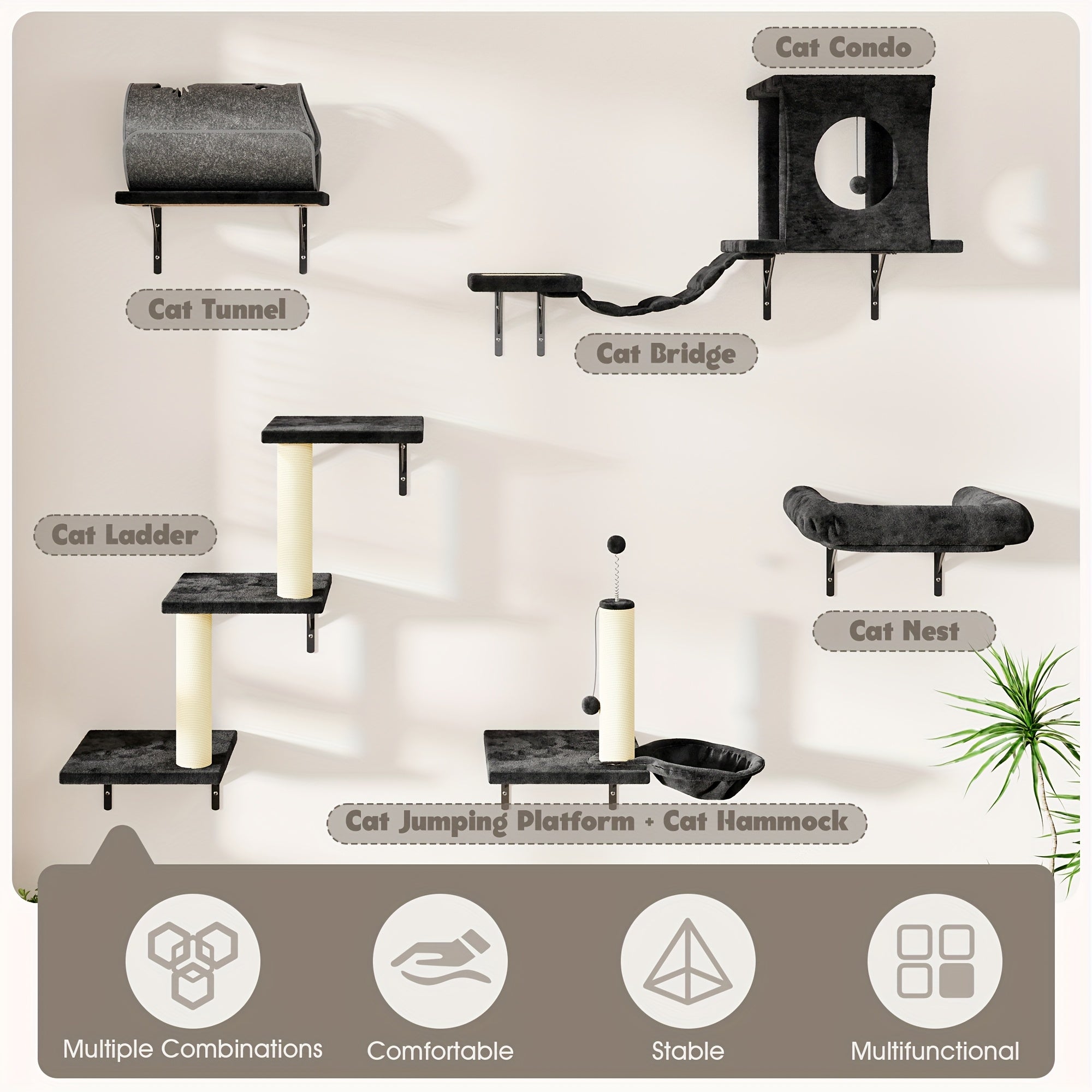 7pcs Wall Mounted Cat Furniture, 6pcs Cat Wall Furniture, Cat Climber With Cat House, Bridge, Tree, Steps, And Scratcher, Cat Walls Playground, Cat Shelves For Indoor Wall Furniture Set