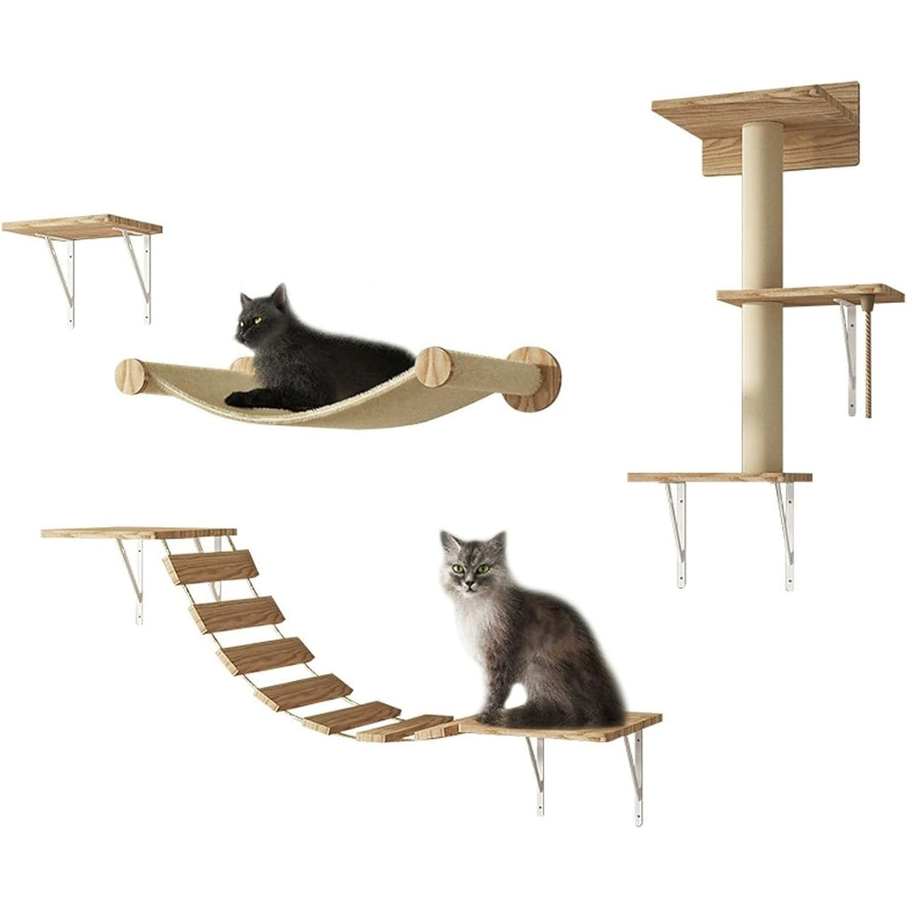 SHADEMART 4 Pcs Cat Climbing Wall, Wall Mounted Cat Shelves, DIY Set Indoor Playground with Scratching Posts, Hanging Bed