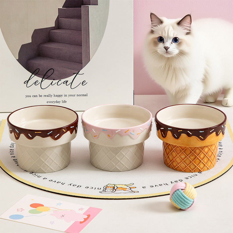 5.3-Inch Cute Ice Cream Ceramic Raised Cat Bowl, Ergonomic Elevated Pet Feeder for Neck Protection, Cat Food Dish & Dog Bowl, Ideal Gift for Cats