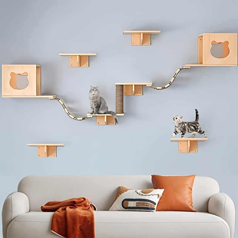 Set of Wall-Mounted Cat Shelves Made from Solid Pine Wood, Featuring a Condo, a Bridge Ladder, a Sisal Scratching Post, And Two Shelves, Creating a Three-Level Climbing Playground for Indoor Cats, Perfect for Cat Tree Perches