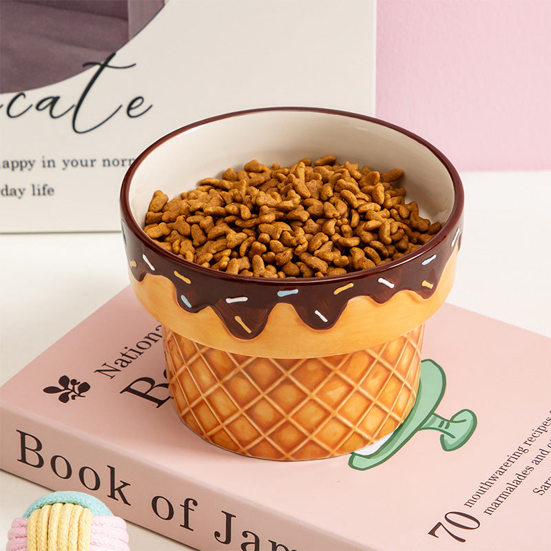 5.3-Inch Cute Ice Cream Ceramic Raised Cat Bowl, Ergonomic Elevated Pet Feeder for Neck Protection, Cat Food Dish & Dog Bowl, Ideal Gift for Cats