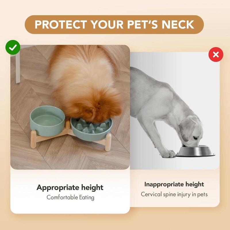 Ceramic Raised Slow Feeder Dog Bowl Set with Adjustable Height Wooden Stand - Elevated 5.1\