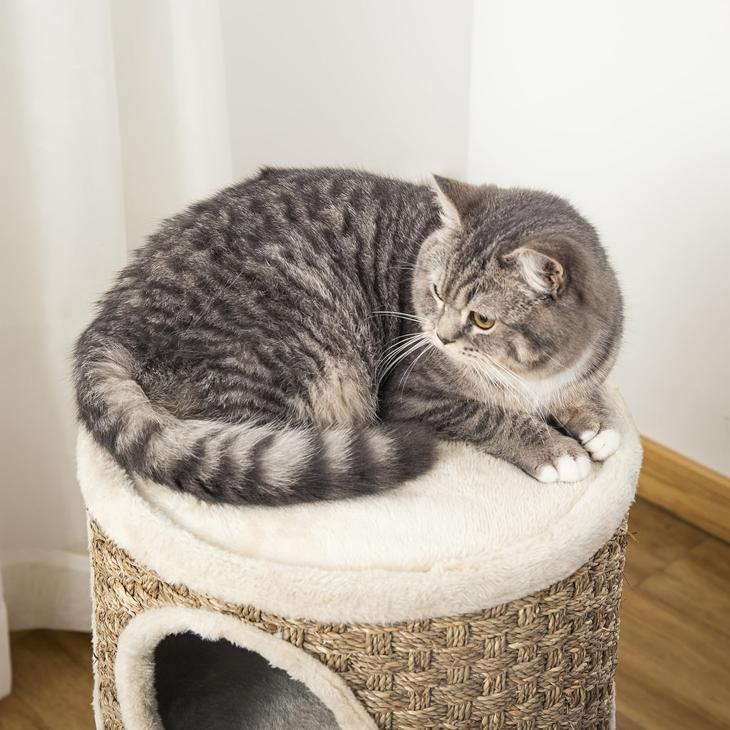 28- Inch Tree Hole Style Cat Condo - Cat Furniture, 3 Story Sisal Scratching Pad Cat Bed\u002FHideaway, Cat Tree House, Cat Hideaway, Compact Barrel- Shaped Indoor Cat Tree, Scratch- Resistant Design, Festive Pet Furniture For Indoor Cats, Brown
