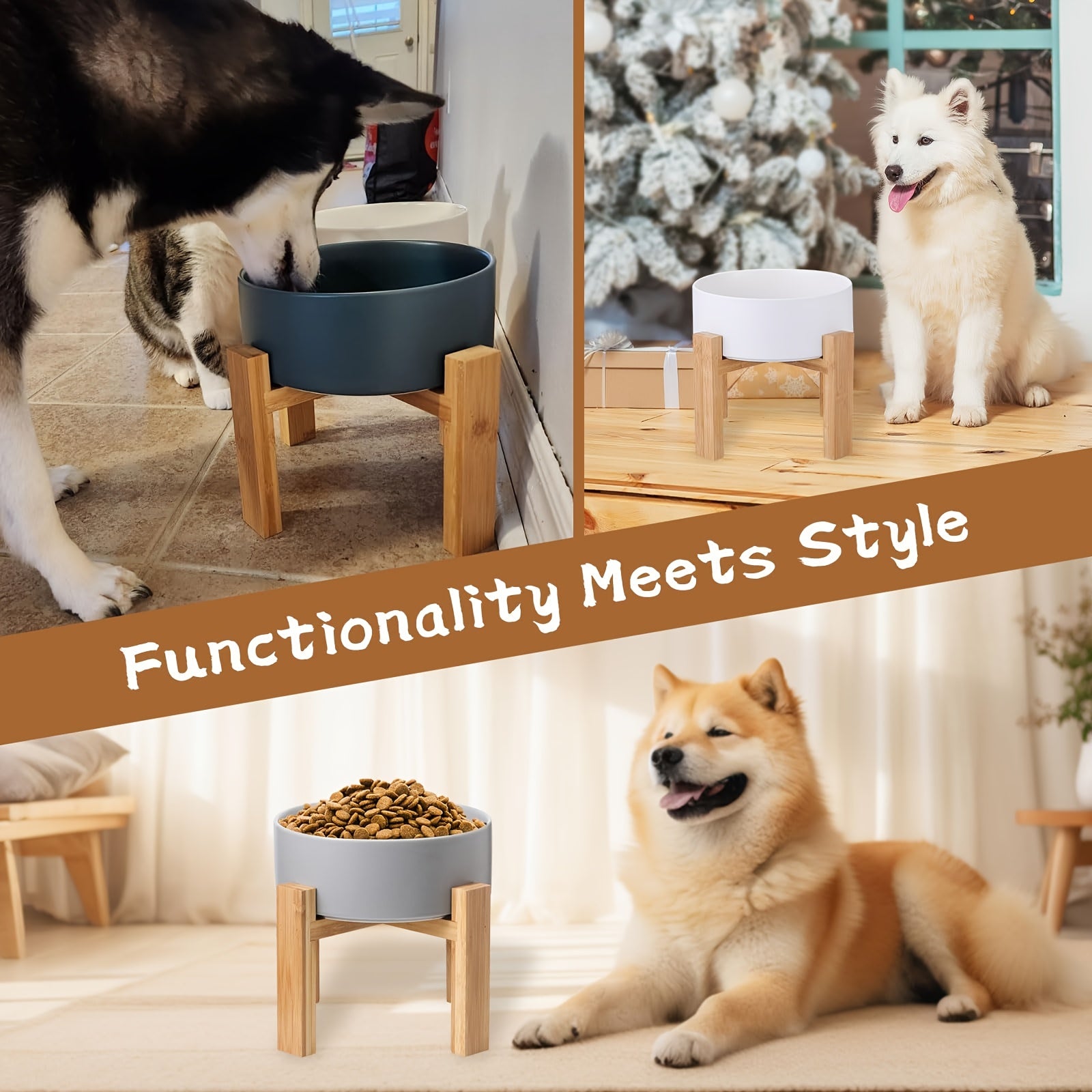 AHX Elevated Ceramic Dog Bowl with Bamboo Stand - Heavy-Duty Raised Dog Dish, No-Tip Design, 8, 4\