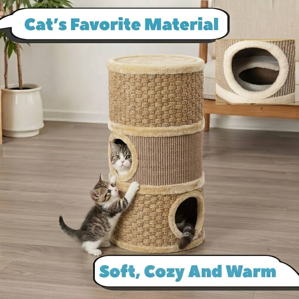 28- Inch Tree Hole Style Cat Condo - Cat Furniture, 3 Story Sisal Scratching Pad Cat Bed\u002FHideaway, Cat Tree House, Cat Hideaway, Compact Barrel- Shaped Indoor Cat Tree, Scratch- Resistant Design, Festive Pet Furniture For Indoor Cats, Brown
