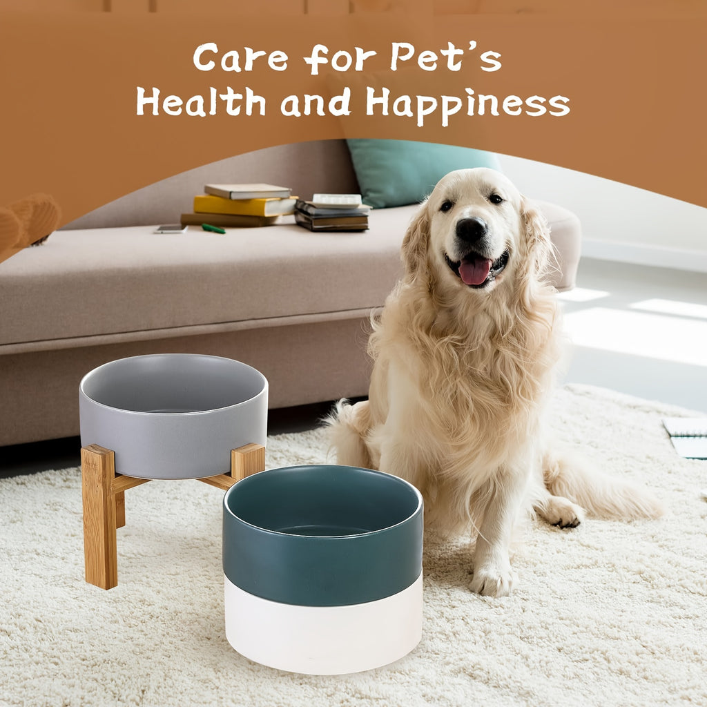 AHX Elevated Ceramic Dog Bowl with Bamboo Stand - Heavy-Duty Raised Dog Dish, No-Tip Design, 8, 4\