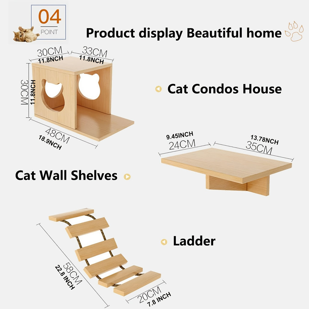 Set of Wall-Mounted Cat Shelves Made from Solid Pine Wood, Featuring a Condo, a Bridge Ladder, a Sisal Scratching Post, And Two Shelves, Creating a Three-Level Climbing Playground for Indoor Cats, Perfect for Cat Tree Perches