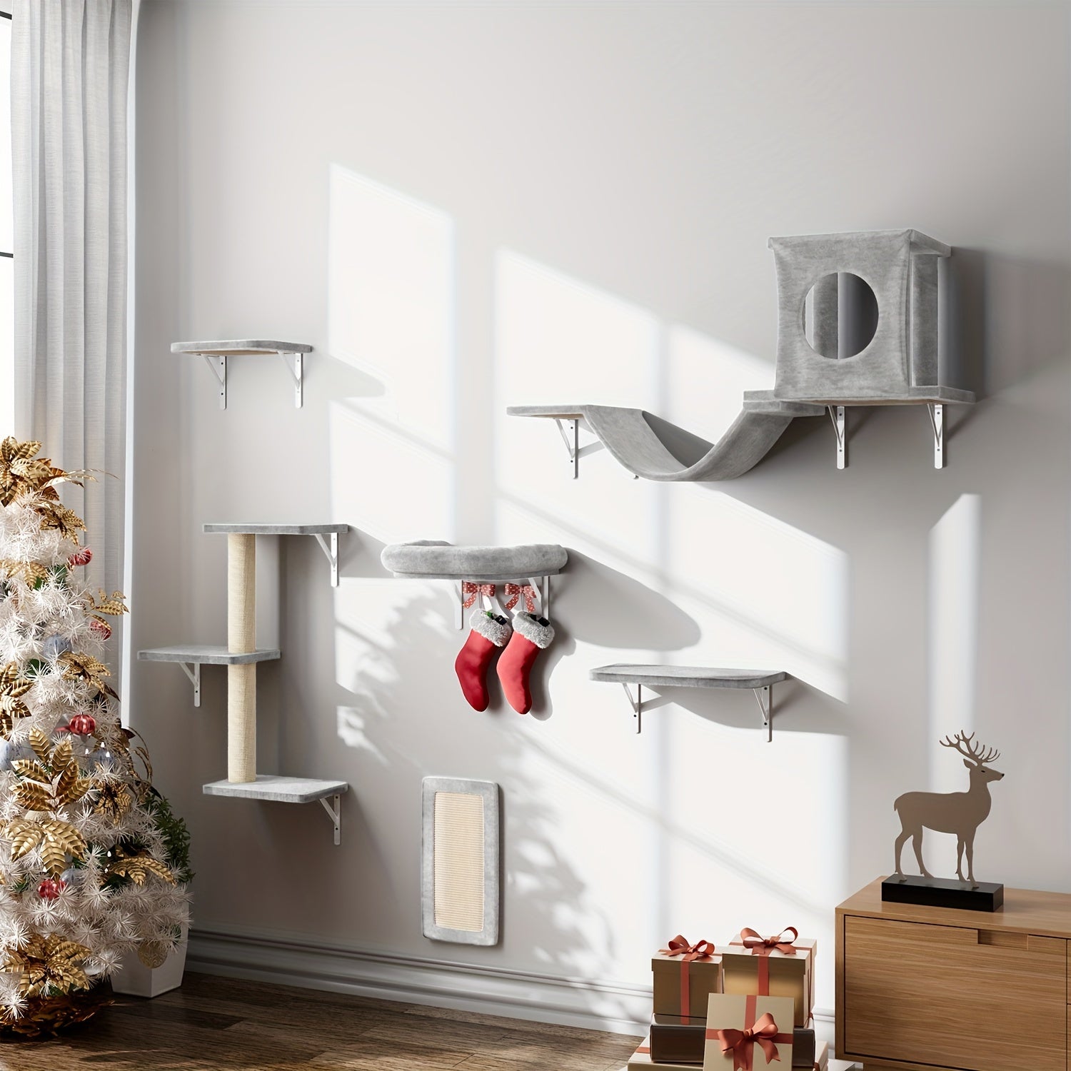7pcs Wall Cat Shelf, 6pcs Deluxe Wall Mounted Cat Climbing Shelf Set, Indoor Cat Furniture, Includes 1 Cat Condo, 2 Cat Wall Shelves, 1 Cat Scratching Post, 1 Cat Bridge Ladder, Cat Tunnel, Suitable For Cats Of All Sizes