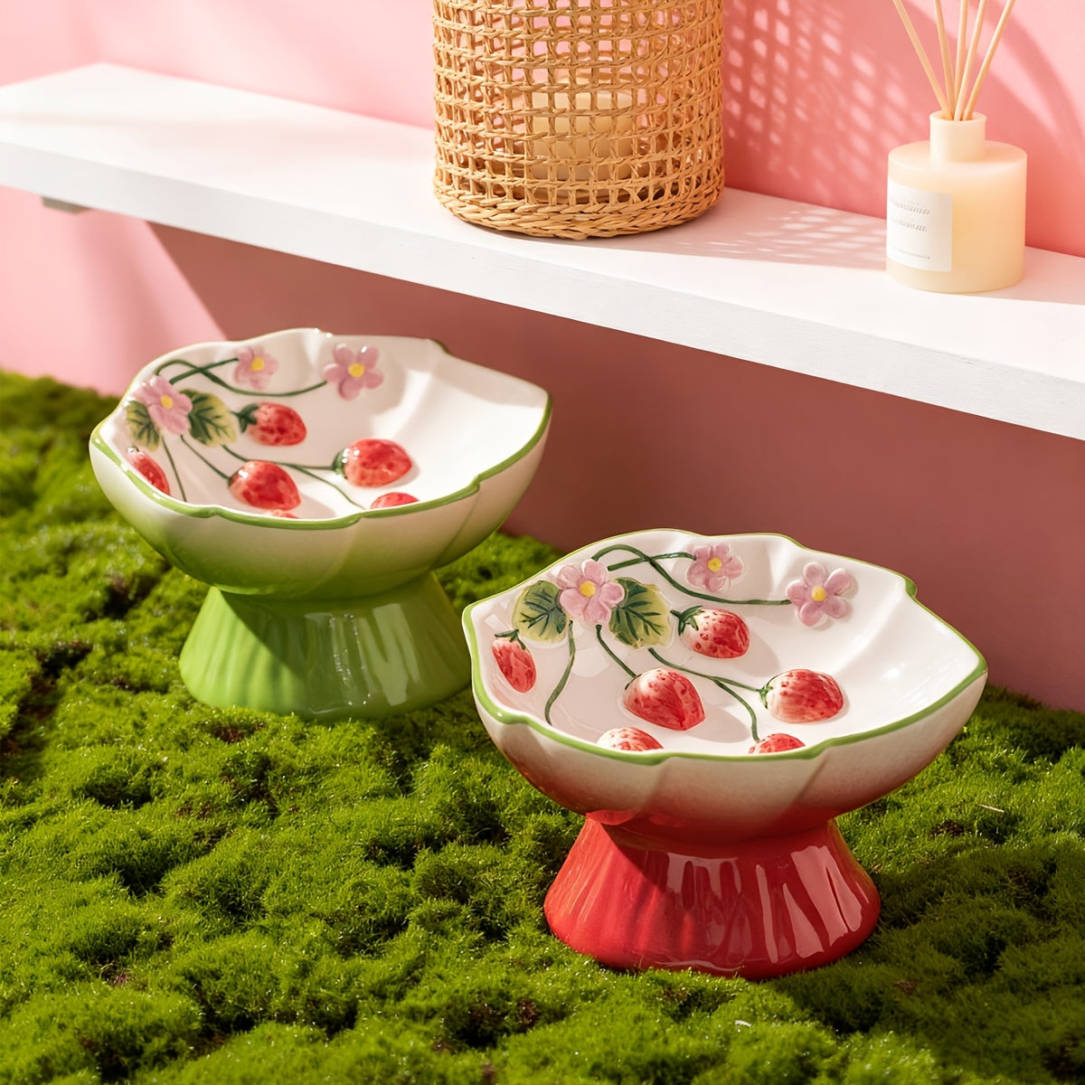 Elevated Ceramic Slow Feeder Cat Bowl for Food And Water with Raised Strawberry Design, Anti-Choke Spill-Proof, Neck Support, Pet Dish for Cats And Dogs, High Edge