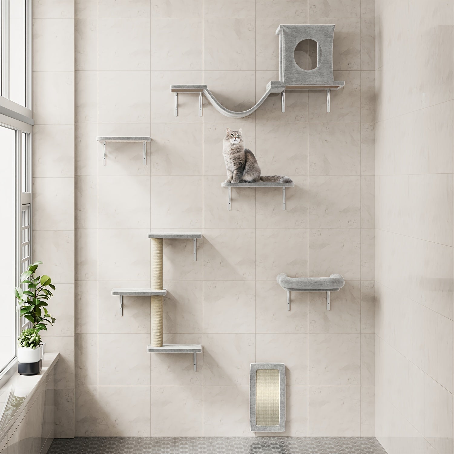 7pcs Wall Cat Shelf, 6pcs Deluxe Wall Mounted Cat Climbing Shelf Set, Indoor Cat Furniture, Includes 1 Cat Condo, 2 Cat Wall Shelves, 1 Cat Scratching Post, 1 Cat Bridge Ladder, Cat Tunnel, Suitable For Cats Of All Sizes