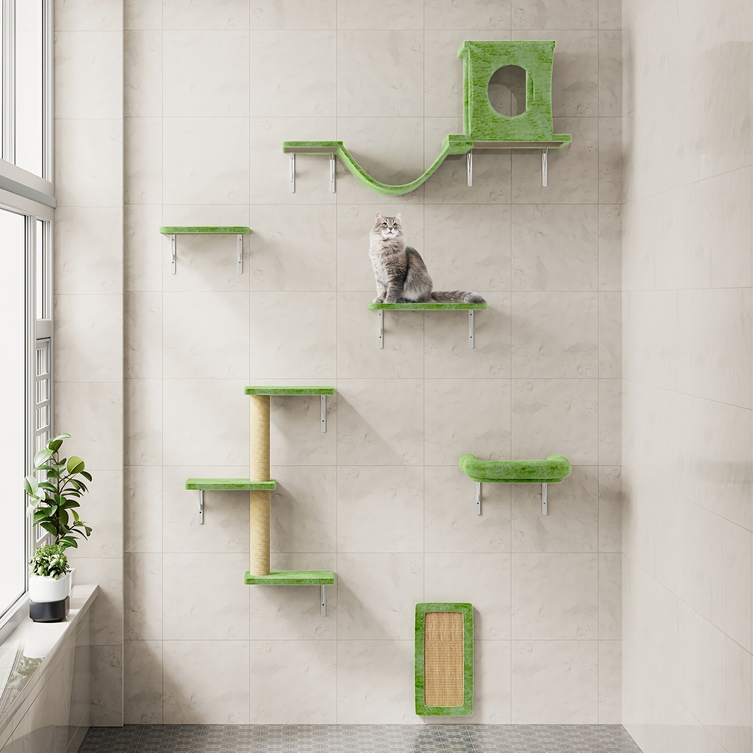 7pcs Wall Mounted Cat Furniture, 6pcs Cat Wall Furniture, Cat Climber With Cat House, Bridge, Tree, Steps, And Scratcher, Cat Walls Playground, Cat Shelves For Indoor Wall Furniture Set