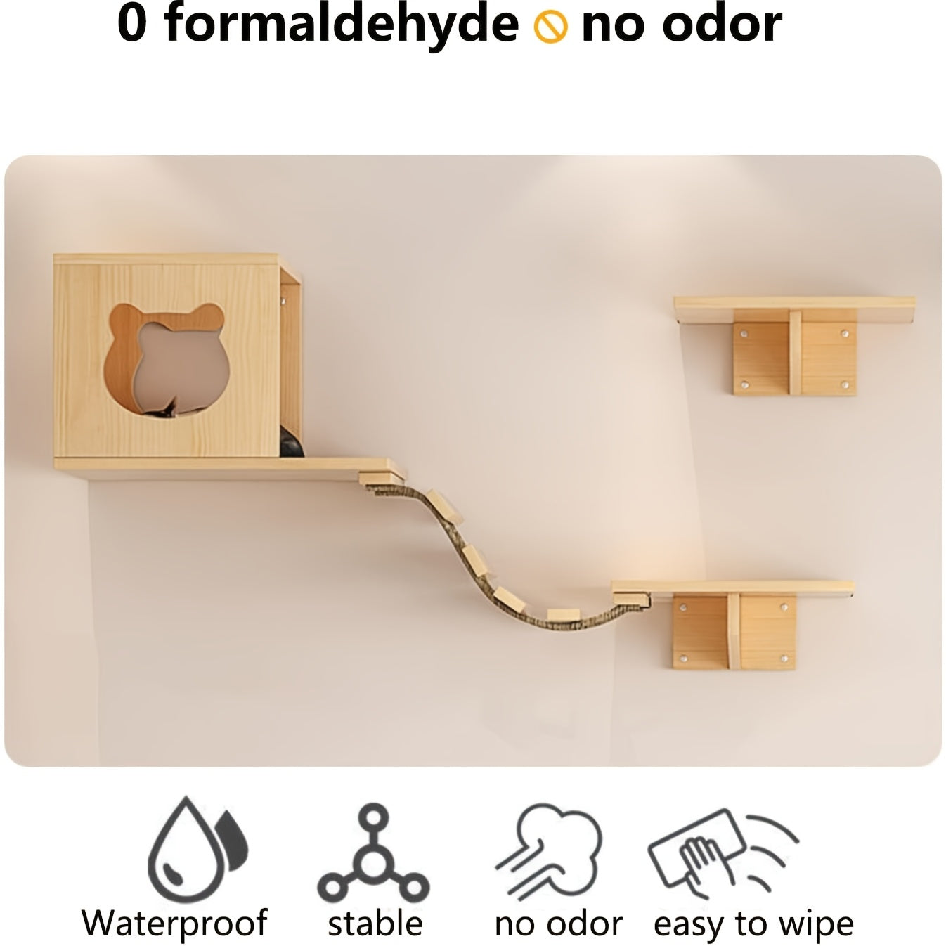 Set of Wall-Mounted Cat Shelves Made from Solid Pine Wood, Featuring a Condo, a Bridge Ladder, a Sisal Scratching Post, And Two Shelves, Creating a Three-Level Climbing Playground for Indoor Cats, Perfect for Cat Tree Perches