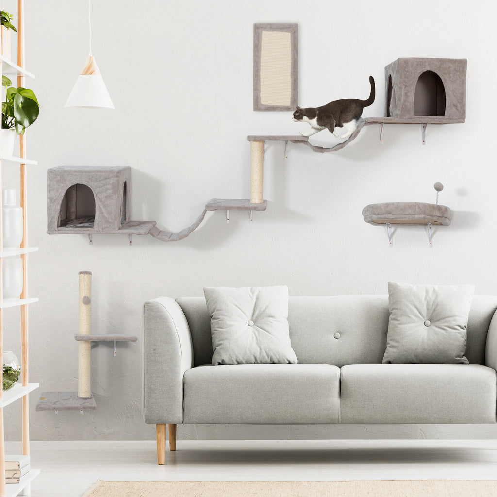 Cat Wall Furniture, Sturdy and Safe 8 in 1 Cat Wall Shelves, Fashion Unique Wooden Cat Climber with Cat Condo, Scratching Board, Bridge & Tree, Gray