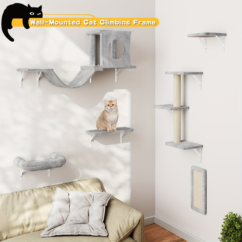 7pcs Wall Cat Shelf, 6pcs Deluxe Wall Mounted Cat Climbing Shelf Set, Indoor Cat Furniture, Includes 1 Cat Condo, 2 Cat Wall Shelves, 1 Cat Scratching Post, 1 Cat Bridge Ladder, Cat Tunnel, Suitable For Cats Of All Sizes