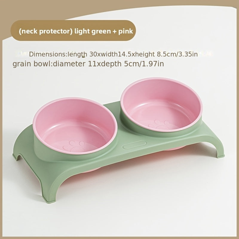 Cat and Dog Feeding Bowl with Anti-collision Neck Protection, Featuring a Dual-bowl Design to Separate Food and Water, and a Raised Stand with Cervical Support