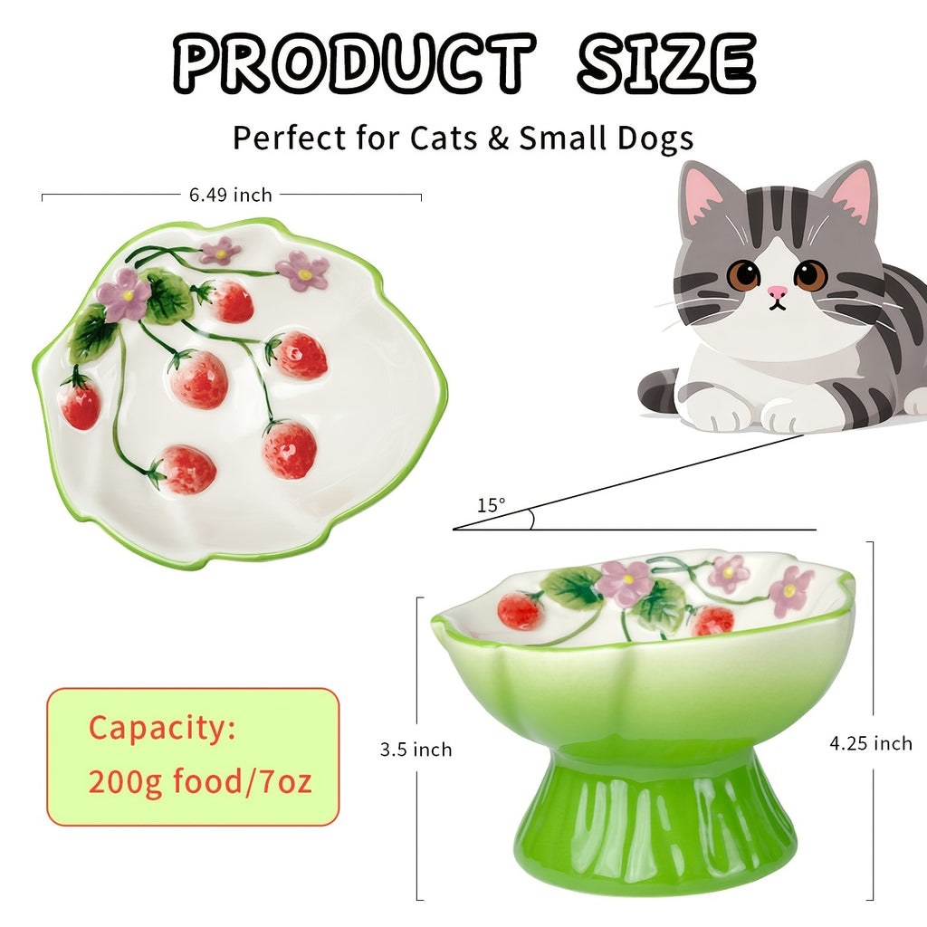 Elevated Ceramic Slow Feeder Cat Bowl for Food And Water with Raised Strawberry Design, Anti-Choke Spill-Proof, Neck Support, Pet Dish for Cats And Dogs, High Edge