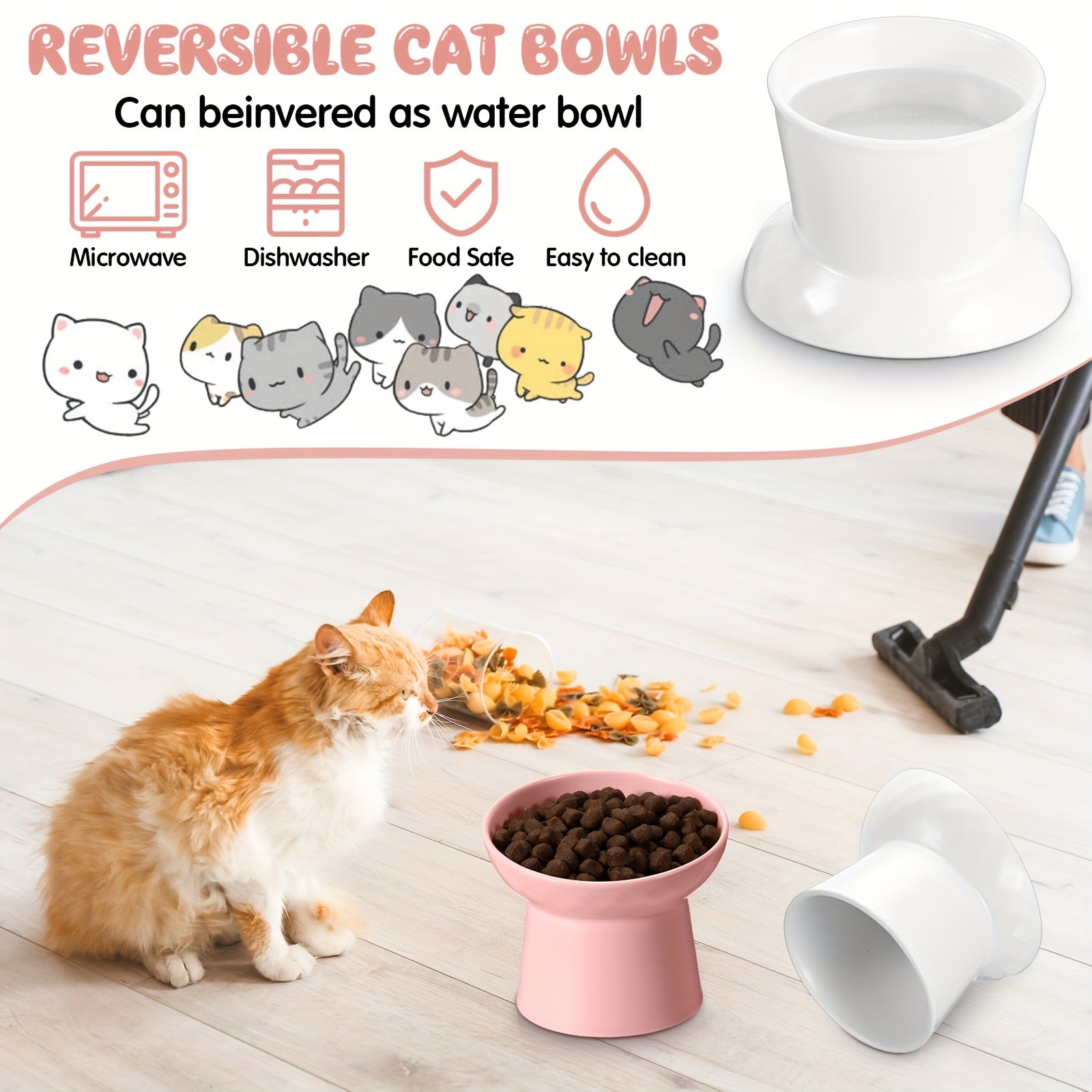 4pcs Elevated Ceramic Cat Bowls with Anti-Spill Design, Ergonomic Tilted Feeding - Dishwasher & Microwave Safe Pet Food Dishes for Indoor Cats & Dogs, White & Pink, Cat Dishes for Food, Modern Petware, Nontoxic Material, Dog Owners