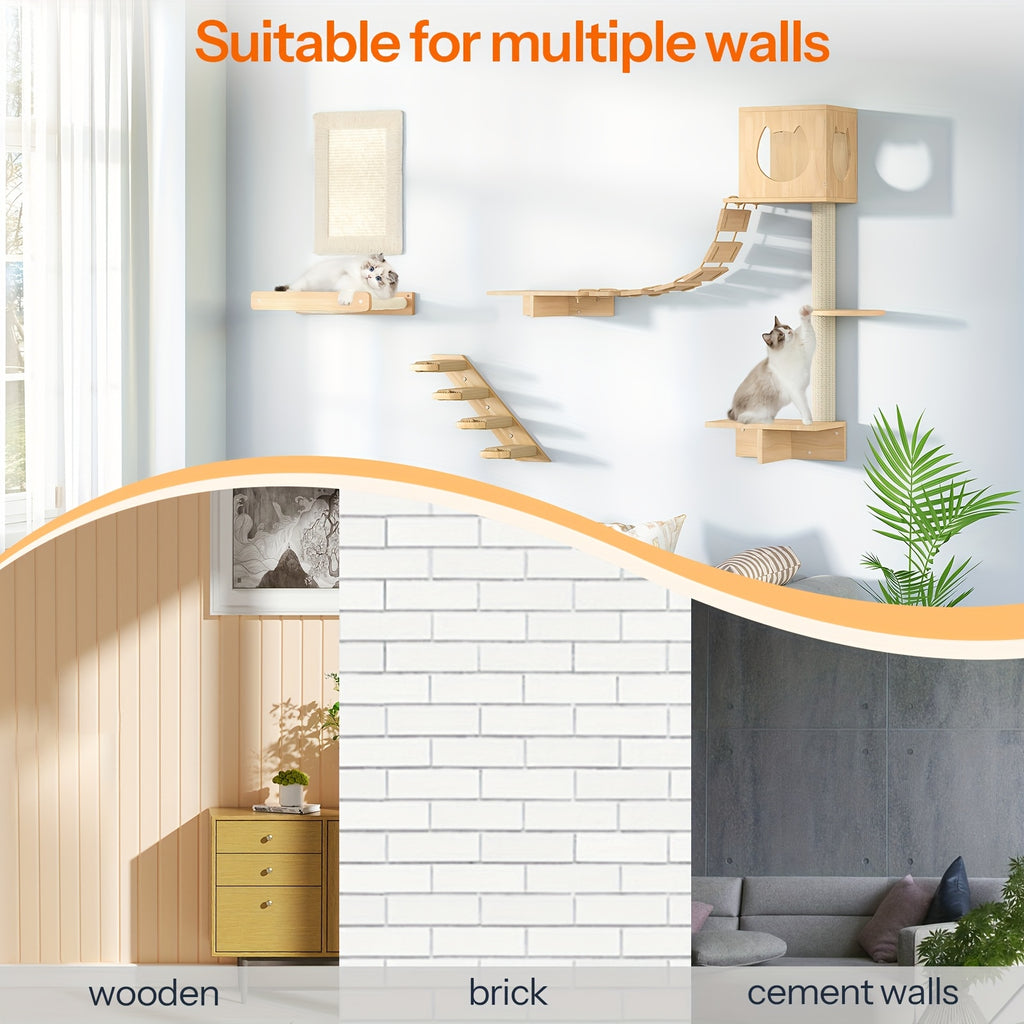 Cat Wall Shelves And Perches For Wall, Wooden Wall Mounted Cat Furniture, Set Of 5 Cat Wall Furniture, Cat Corridor, Cat House, Cat Plush Hammock, Scratching Board And Cat Climbing Shelves, Sturdy, Durable And Safe, Natural