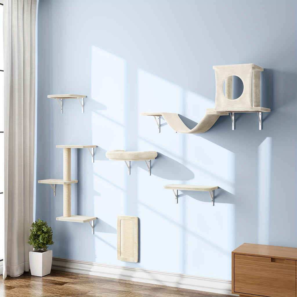 7pcs Wall Mounted Cat Furniture, 6pcs Cat Wall Furniture, Cat Climber With Cat House, Bridge, Tree, Steps, And Scratcher, Cat Walls Playground, Cat Shelves For Indoor Wall Furniture Set