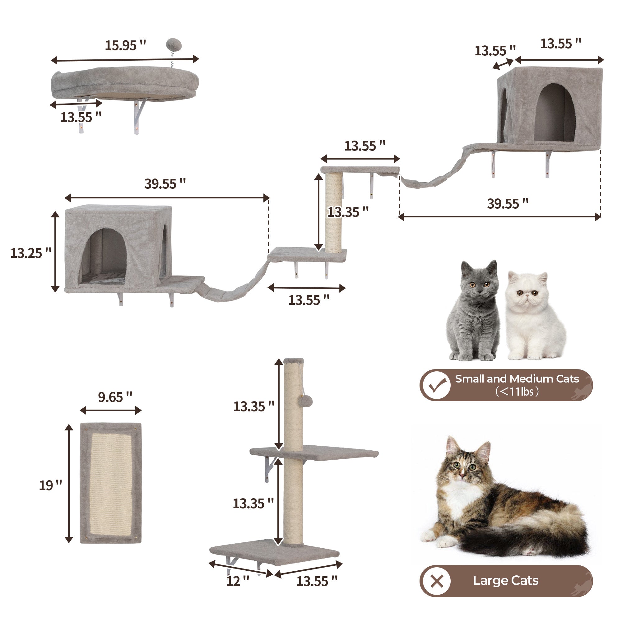Cat Wall Furniture, Sturdy and Safe 8 in 1 Cat Wall Shelves, Fashion Unique Wooden Cat Climber with Cat Condo, Scratching Board, Bridge & Tree, Gray