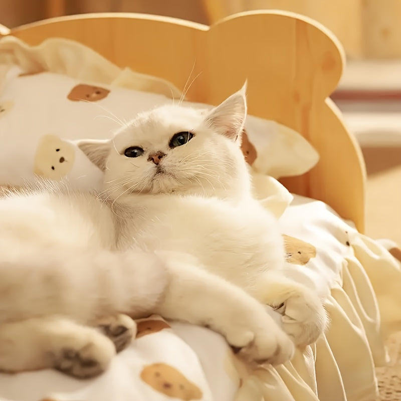 1 Sturdy Wooden Cat Bed with Detachable Cushioned Mattress - Suitable for Supporting Large Cats, Heavy-duty Frame, Beige Color. 1 Sturdy Wooden Cat Bed with Detachable Cushioned Mattress - Suitable for Supporting Large Cats, Heavy-duty Frame, Beige\u002F