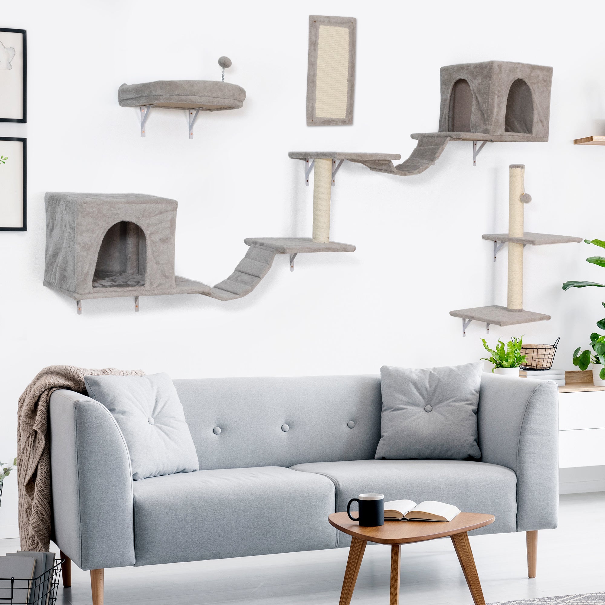 Cat Wall Furniture, Sturdy and Safe 8 in 1 Cat Wall Shelves, Fashion Unique Wooden Cat Climber with Cat Condo, Scratching Board, Bridge & Tree, Gray