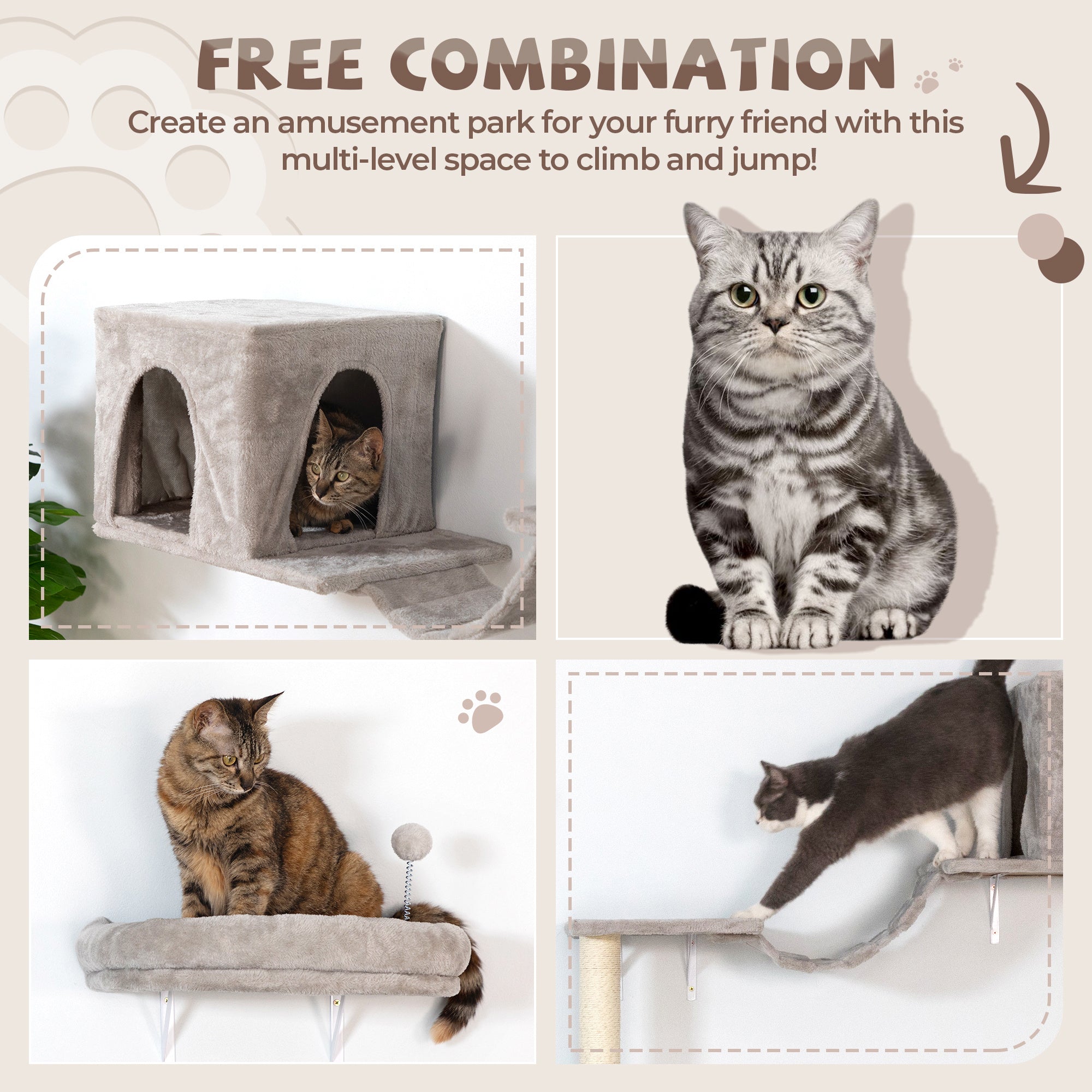 Cat Wall Furniture, Sturdy and Safe 8 in 1 Cat Wall Shelves, Fashion Unique Wooden Cat Climber with Cat Condo, Scratching Board, Bridge & Tree, Gray