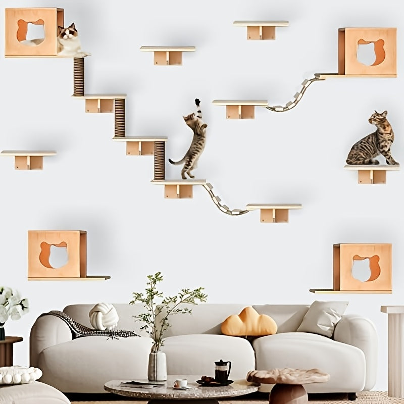 Set of Wall-Mounted Cat Shelves Made from Solid Pine Wood, Featuring a Condo, a Bridge Ladder, a Sisal Scratching Post, And Two Shelves, Creating a Three-Level Climbing Playground for Indoor Cats, Perfect for Cat Tree Perches