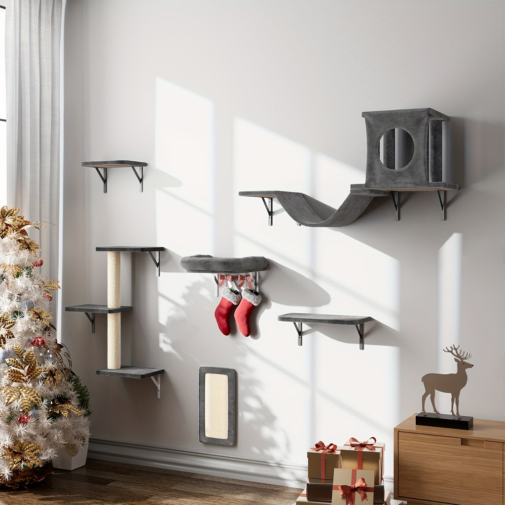 7pcs Wall Cat Shelf, 6pcs Deluxe Wall Mounted Cat Climbing Shelf Set, Indoor Cat Furniture, Includes 1 Cat Condo, 2 Cat Wall Shelves, 1 Cat Scratching Post, 1 Cat Bridge Ladder, Cat Tunnel, Suitable For Cats Of All Sizes