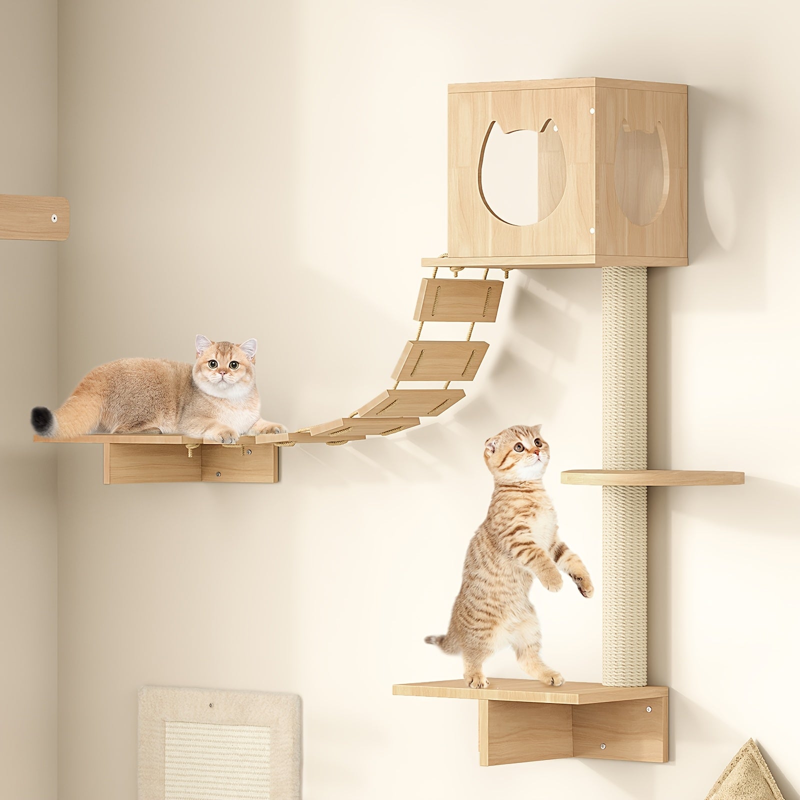 Cat Wall Shelves And Perches For Wall, Wooden Wall Mounted Cat Furniture, Set Of 5 Cat Wall Furniture, Cat Corridor, Cat House, Cat Plush Hammock, Scratching Board And Cat Climbing Shelves, Sturdy, Durable And Safe, Natural