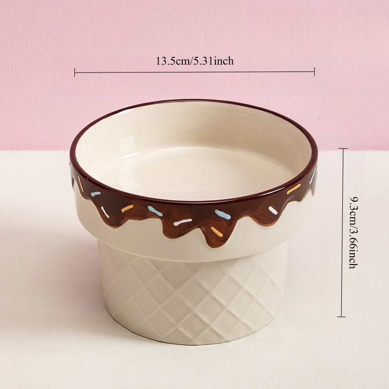 5.3-Inch Cute Ice Cream Ceramic Raised Cat Bowl, Ergonomic Elevated Pet Feeder for Neck Protection, Cat Food Dish & Dog Bowl, Ideal Gift for Cats
