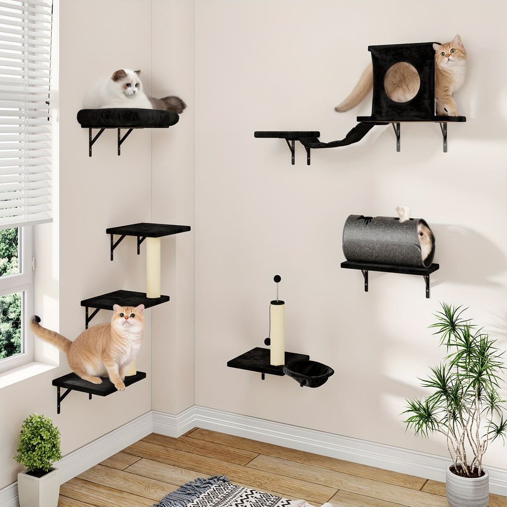 7pcs Wall Cat Shelf, 6pcs Deluxe Wall Mounted Cat Climbing Shelf Set, Indoor Cat Furniture, Includes 1 Cat Condo, 2 Cat Wall Shelves, 1 Cat Scratching Post, 1 Cat Bridge Ladder, Cat Tunnel, Suitable For Cats Of All Sizes