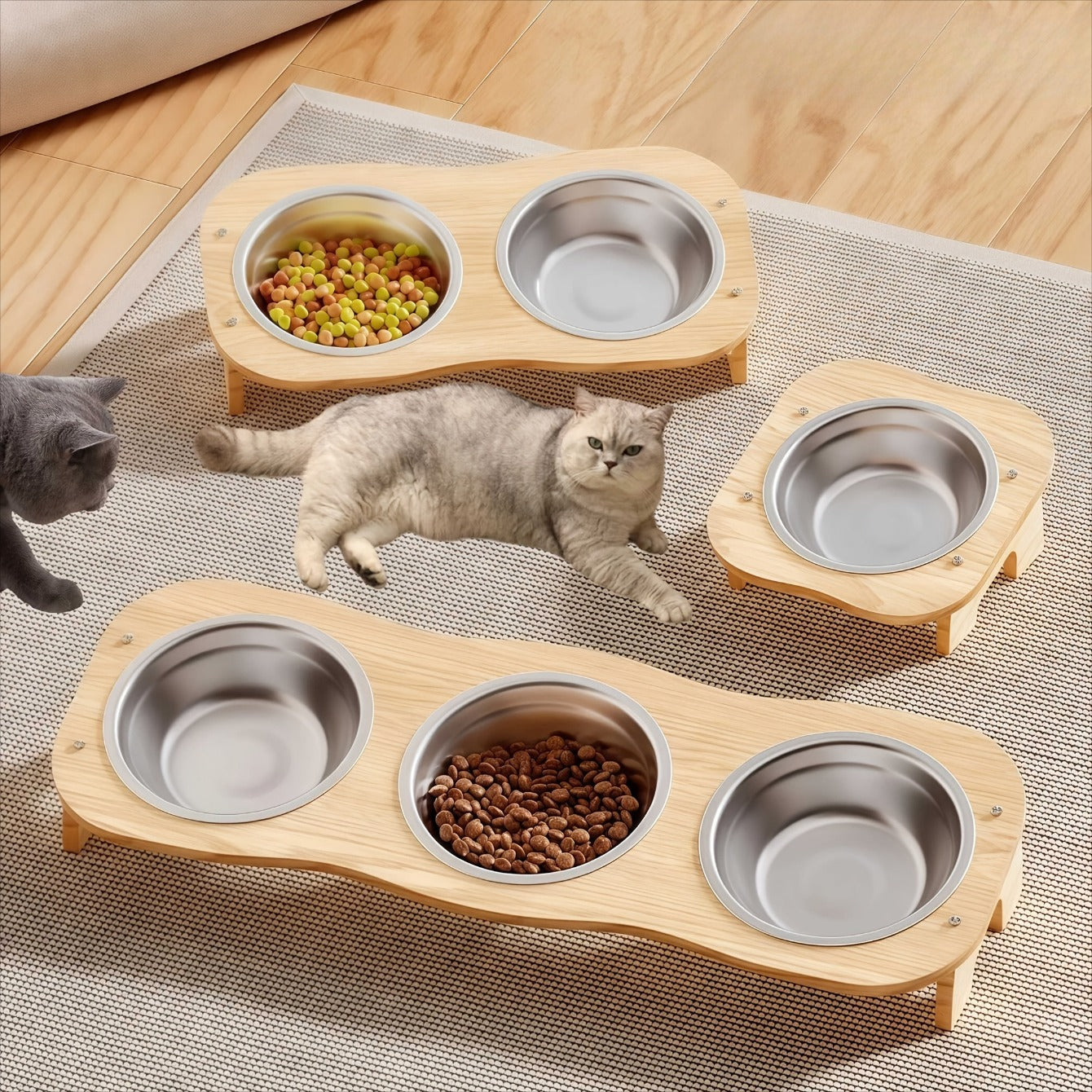1\u002F2\u002F3 Bowls Solid Wood High Platform Cat And Dog Bowls, 15° Inclined Neck-Protecting Pet Feeder, Food And Water Bowl Set, Stainless Steel Bowls, Easy to Clean, Anti-Tipping, Suitable for Multi-Cat Households And Multi-Pet Households