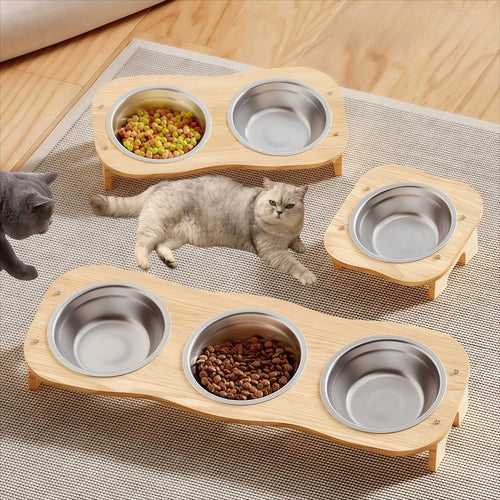 1\u002F2\u002F3 Bowls Solid Wood High Platform Cat And Dog Bowls, 15° Inclined Neck-Protecting Pet Feeder, Food And Water Bowl Set, Stainless Steel Bowls, Easy to Clean, Anti-Tipping, Suitable for Multi-Cat Households And Multi-Pet Households