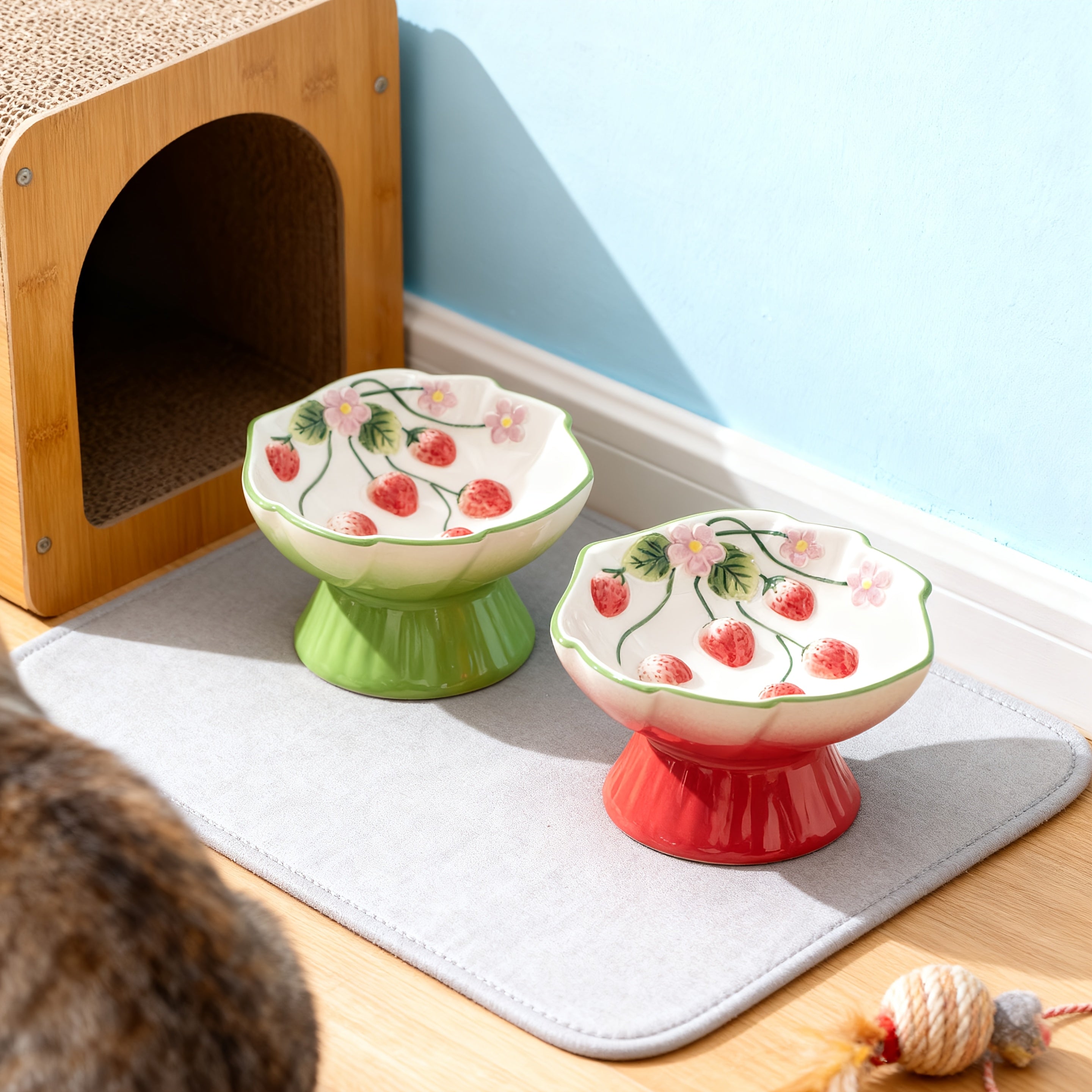 Elevated Ceramic Slow Feeder Cat Bowl for Food And Water with Raised Strawberry Design, Anti-Choke Spill-Proof, Neck Support, Pet Dish for Cats And Dogs, High Edge