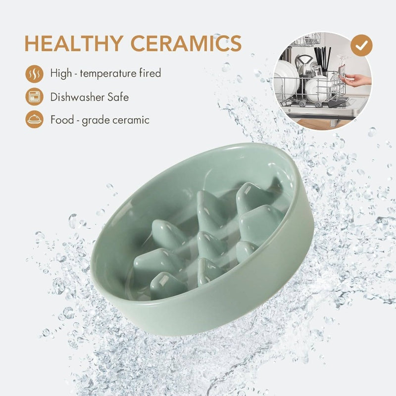 Ceramic Raised Slow Feeder Dog Bowl Set with Adjustable Height Wooden Stand - Elevated 5.1\