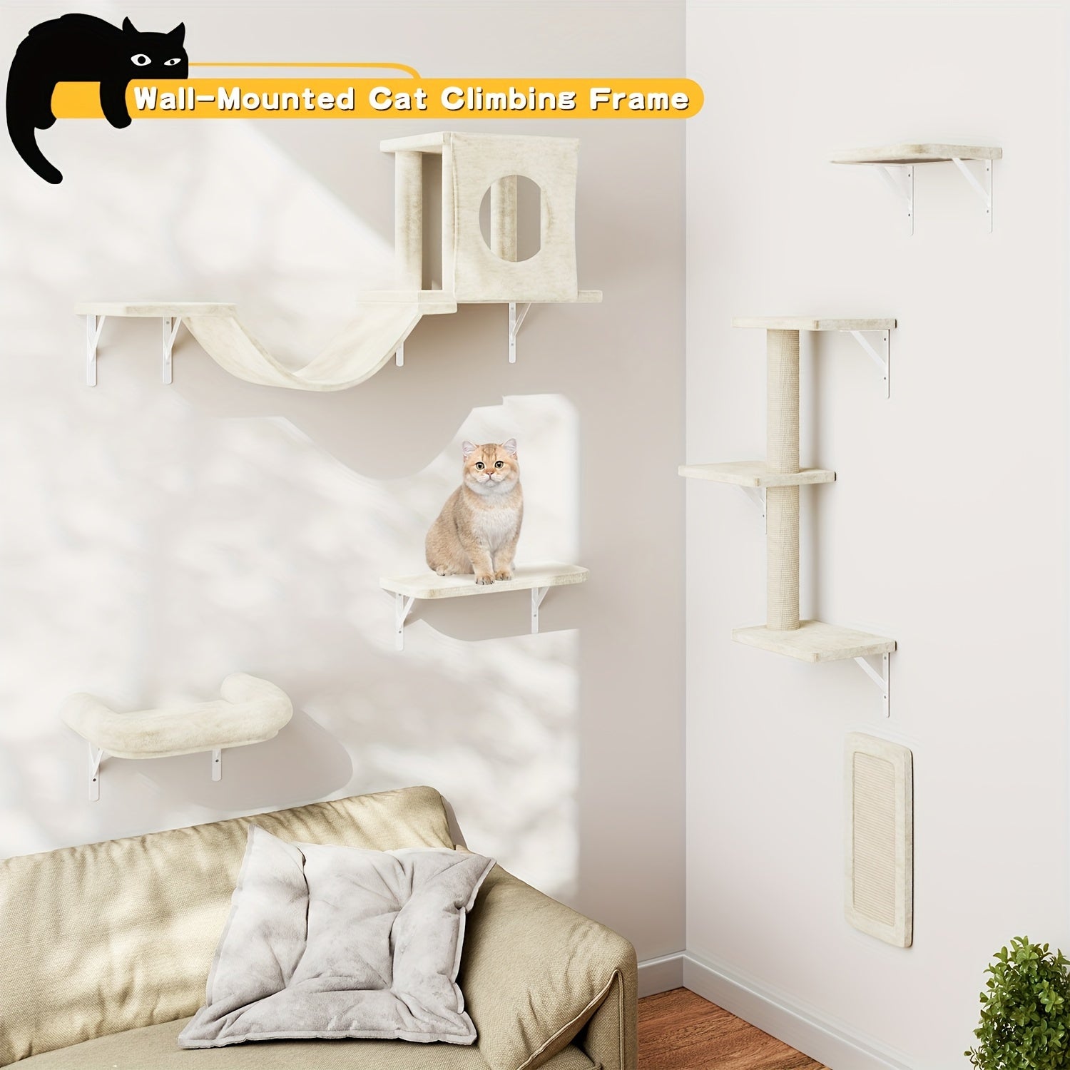 7pcs Wall Mounted Cat Furniture, 6pcs Cat Wall Furniture, Cat Climber With Cat House, Bridge, Tree, Steps, And Scratcher, Cat Walls Playground, Cat Shelves For Indoor Wall Furniture Set