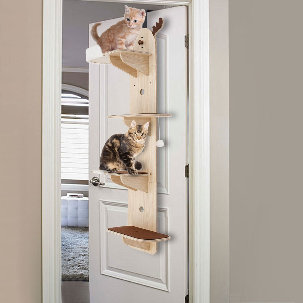 OUKANING 4-Tier Door-Mounted Cat Tree - Space-Saving Cat Shelf with Sisal Scratching Post, Multi-Level Climbing, DIY Assembly for Small Apartments, Modern Iron & Wood Cat Furniture for Kittens & Cats ( Install)