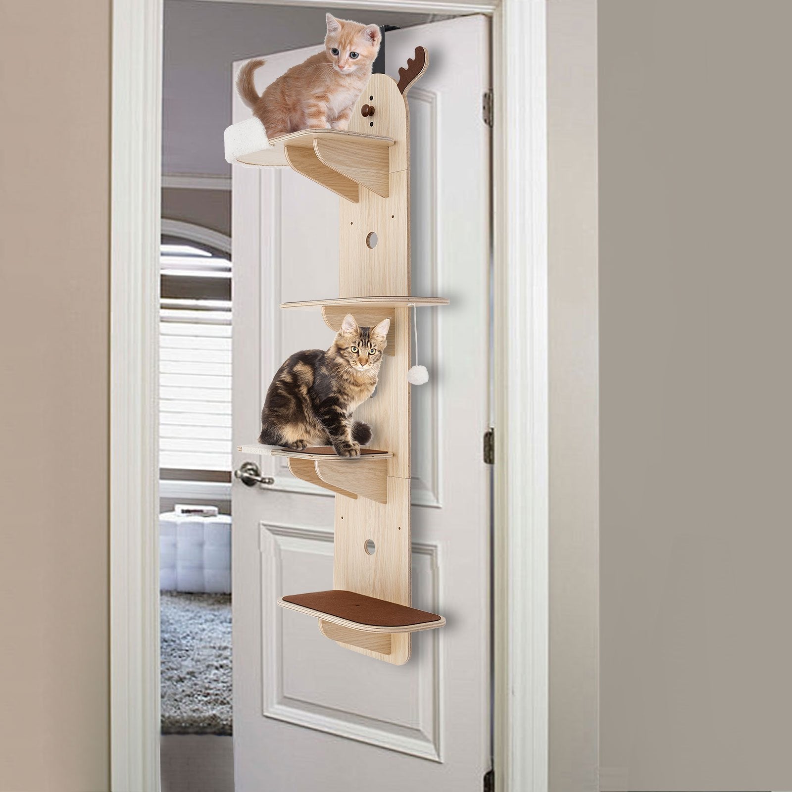 OUKANING 4-Tier Door-Mounted Cat Tree - Space-Saving Cat Shelf with Sisal Scratching Post, Multi-Level Climbing, DIY Assembly for Small Apartments, Modern Iron & Wood Cat Furniture for Kittens & Cats ( Install)