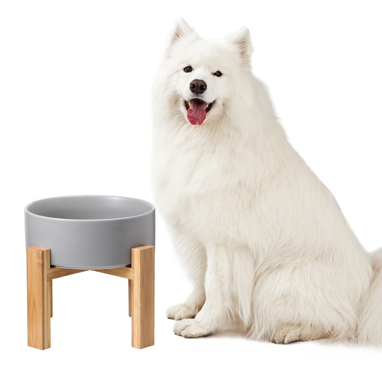 AHX Elevated Ceramic Dog Bowl with Bamboo Stand - Heavy-Duty Raised Dog Dish, No-Tip Design, 8, 4\