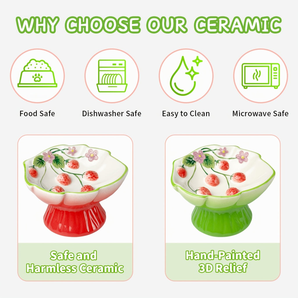 Elevated Ceramic Slow Feeder Cat Bowl for Food And Water with Raised Strawberry Design, Anti-Choke Spill-Proof, Neck Support, Pet Dish for Cats And Dogs, High Edge