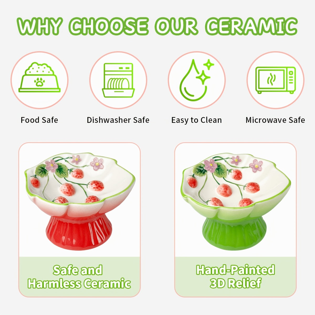 Elevated Ceramic Slow Feeder Cat Bowl for Food And Water with Raised Strawberry Design, Anti-Choke Spill-Proof, Neck Support, Pet Dish for Cats And Dogs, High Edge