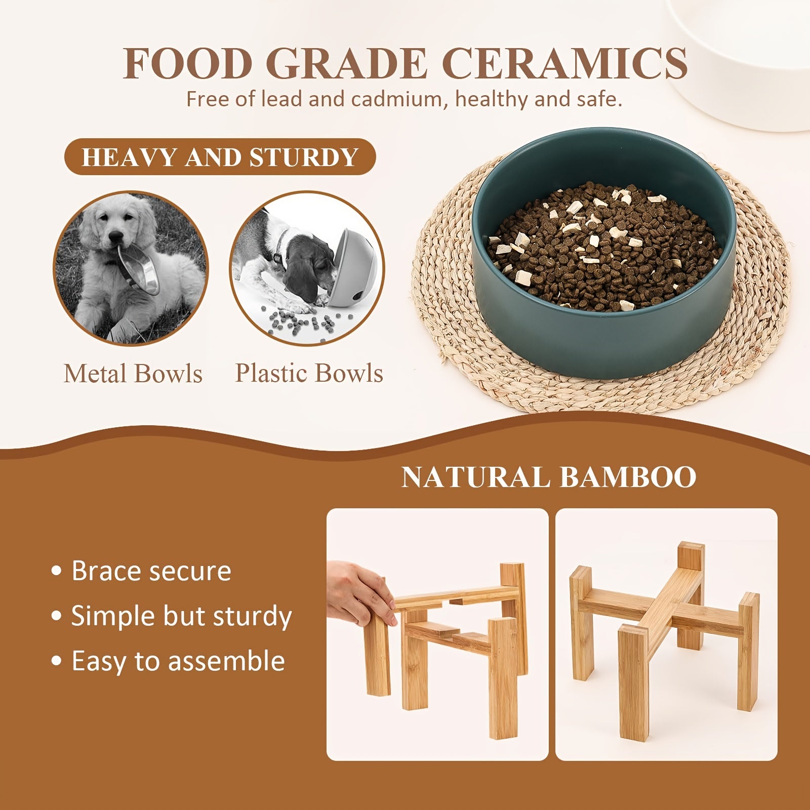 AHX Elevated Ceramic Dog Bowl with Bamboo Stand - Heavy-Duty Raised Dog Dish, No-Tip Design, 8, 4\