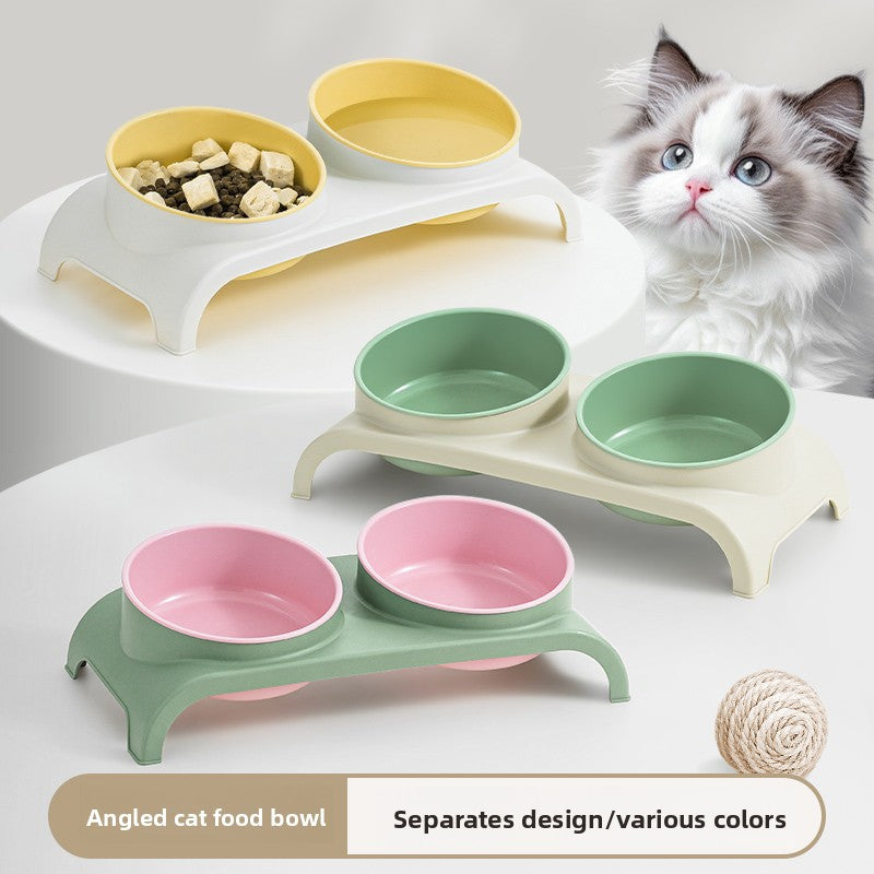 Cat and Dog Feeding Bowl with Anti-collision Neck Protection, Featuring a Dual-bowl Design to Separate Food and Water, and a Raised Stand with Cervical Support