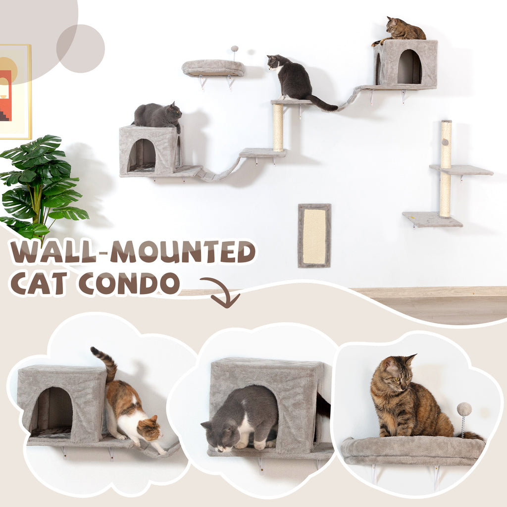 Cat Wall Furniture, Sturdy and Safe 8 in 1 Cat Wall Shelves, Fashion Unique Wooden Cat Climber with Cat Condo, Scratching Board, Bridge & Tree, Gray